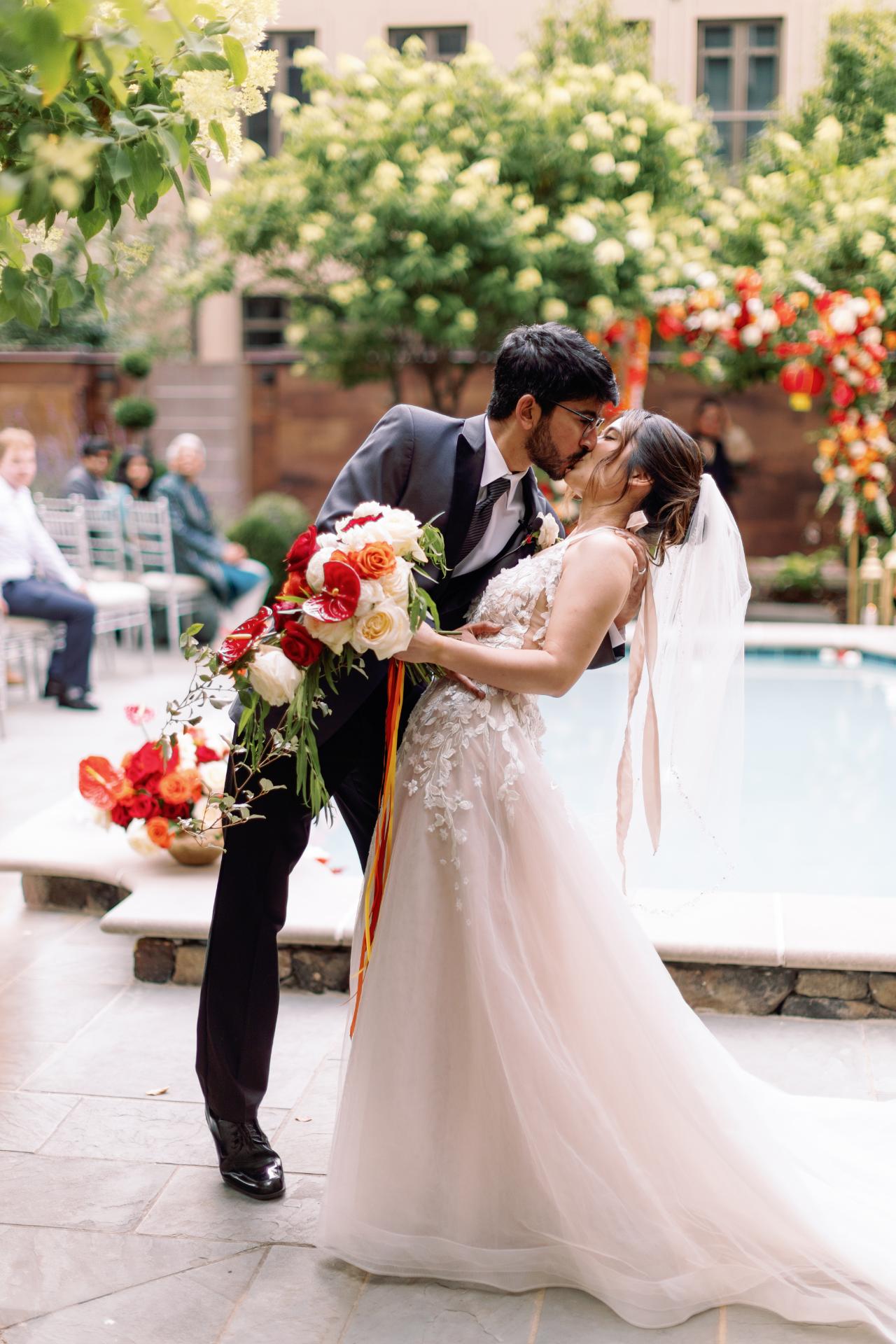 Waldorf Astoria Wedding Bride and Groom by the pool
